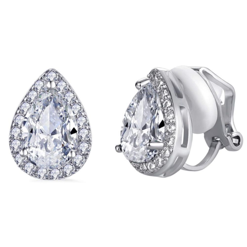 Silver with White Diamond Cubic Zirconia Teardrop Stud Clip On Earrings